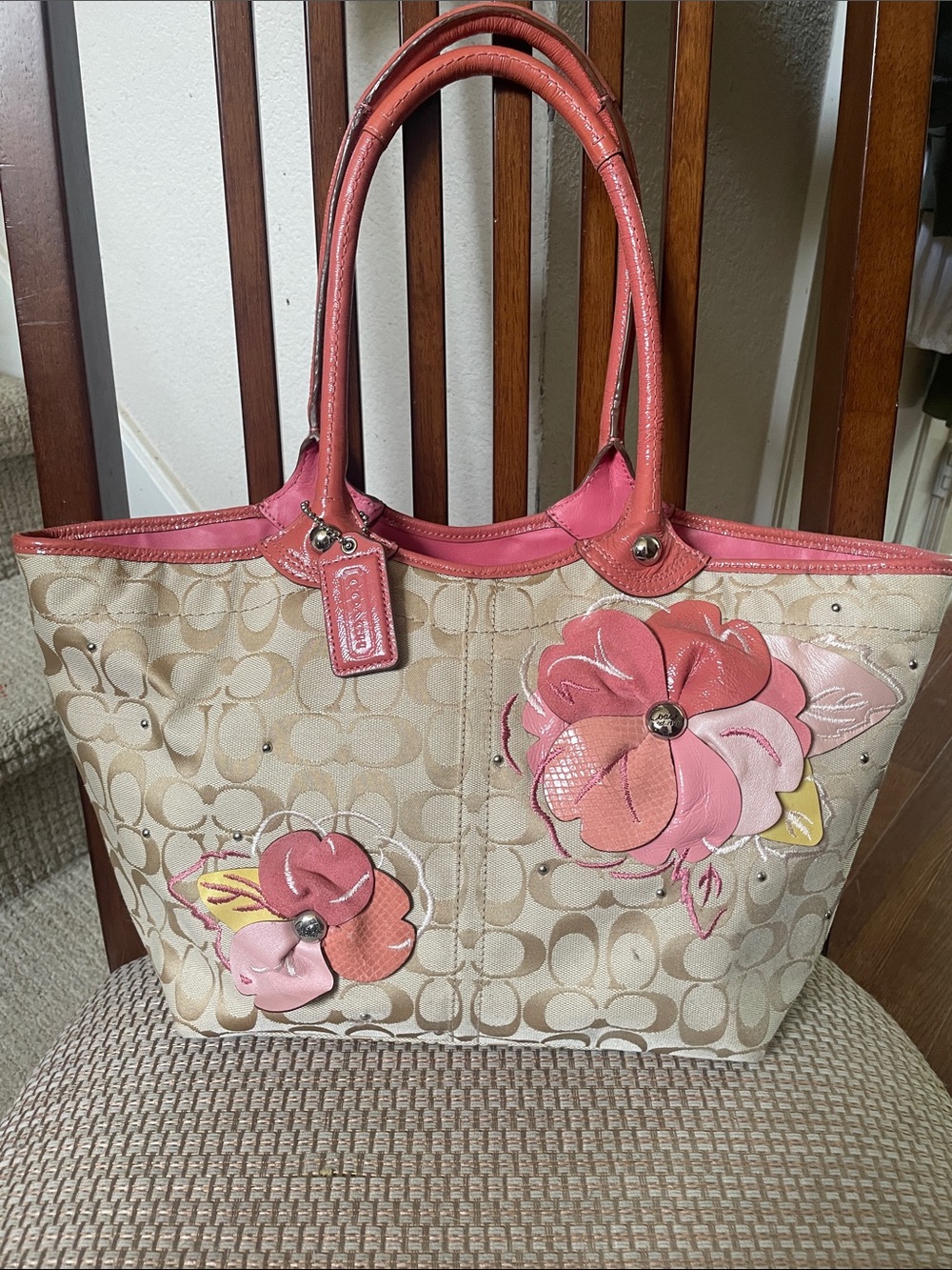 Coach Beige Signature Canvas Tote with Pink Floral Appliqués